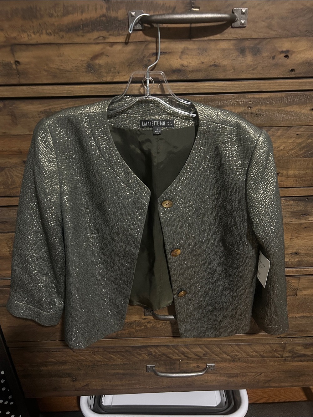 Lafayette 148 New York Gold Metallic 88% Silk Cropped Jacket. Officecore. Formal